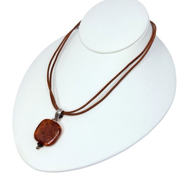 VTG Baltic Amber Pendant Necklace 16" 925 Sterling Silver Leather Thailand - Picture 5 of 13